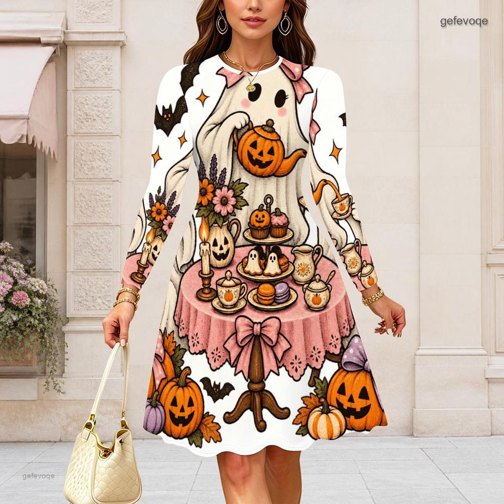 Women Plus Size Round Neck Long Sleeve Flared Dress Gothic Raven Pumpkin Rose Print Halloween Autumn Casual Dress