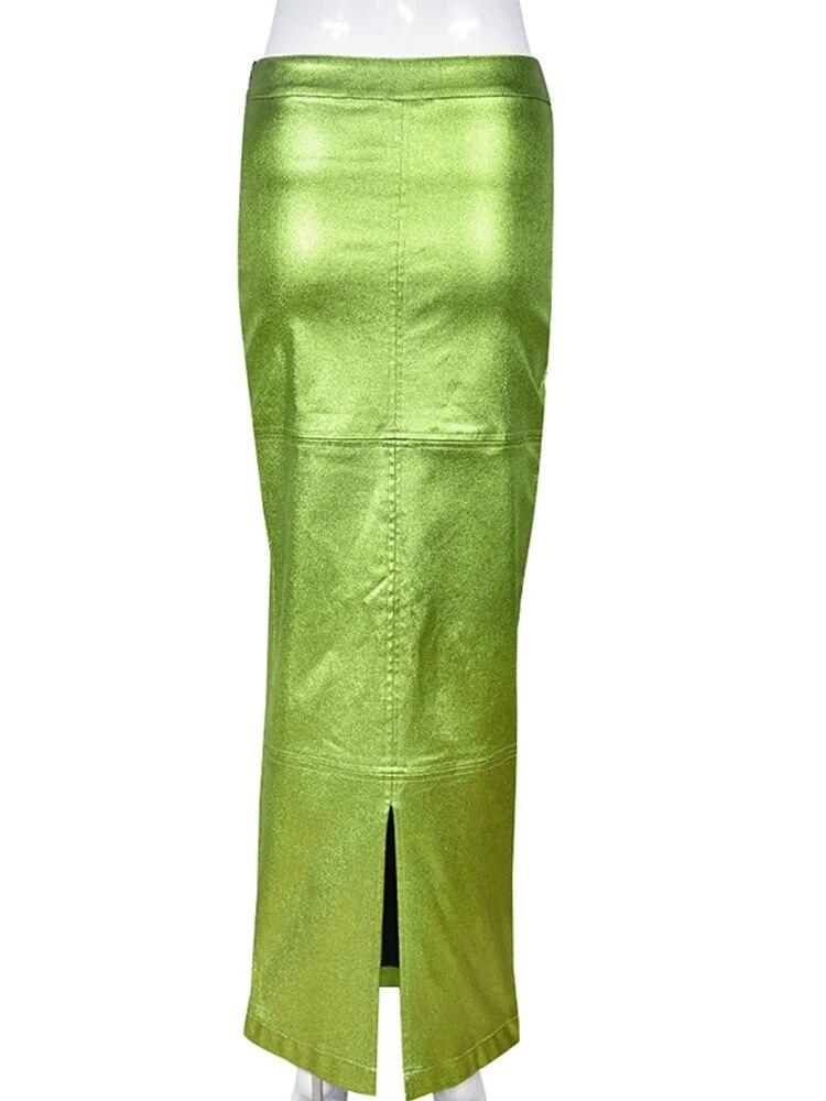 PU Leather Green Split Skirt for Women High Waist Hip Package Pathwork Bodycon Maxiskirt Sexy Female Prom Skirt New In 2023