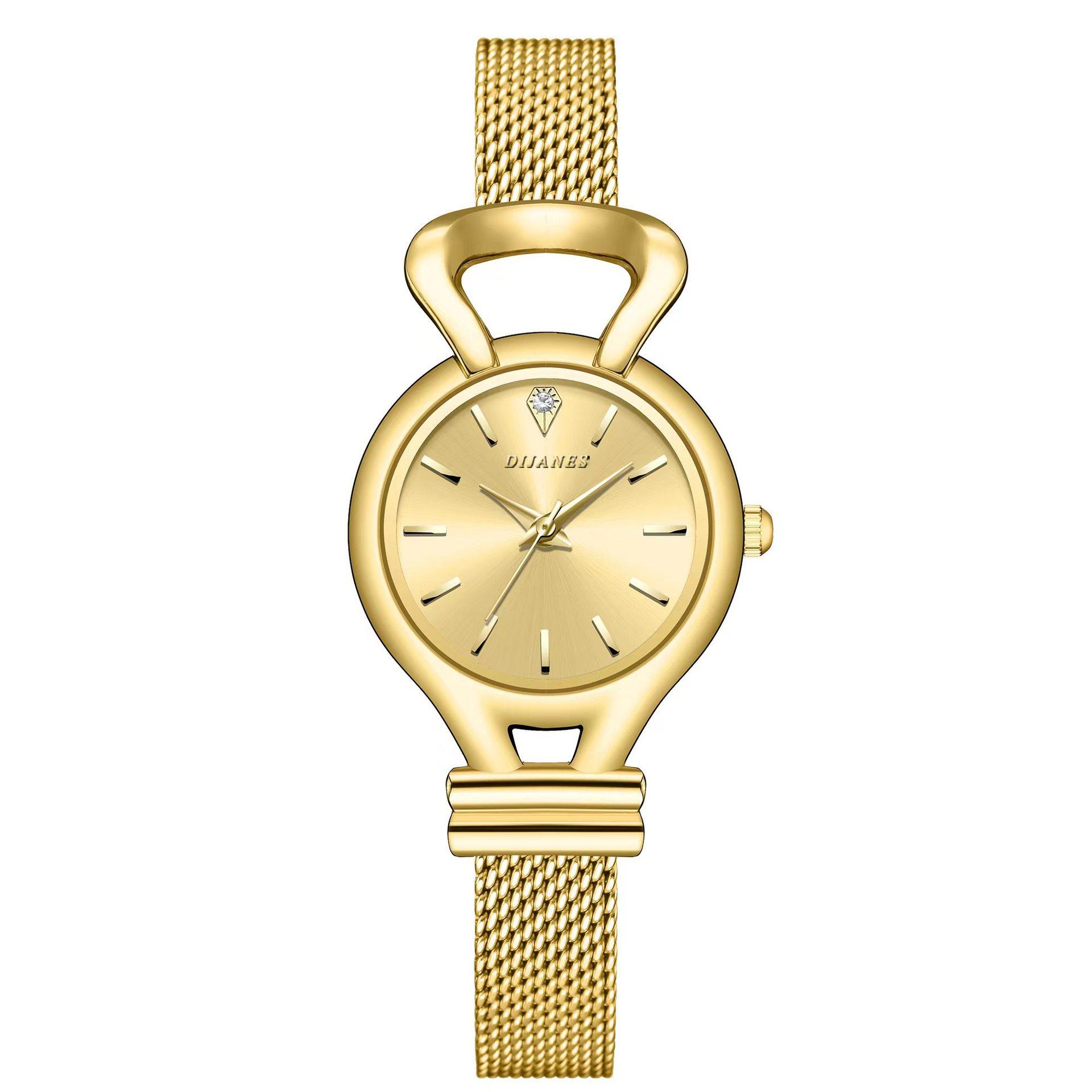 

Уникальный стиль, модные женские золотые часы, элегантные повседневные женские часы из нержавеющей стали с сетчатым ремешком, кварцевые часы с бриллиантовым браслетом, часы золотой