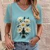 Floral Print V-neck T-shirt Summer Fashion Casual Blouse Street Fashion Oversized Women's Clothing