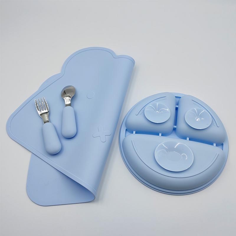 Children's Silicone Dinnerware Set: Large Placemat, Suction Bowl, Stainless Spoon & Fork