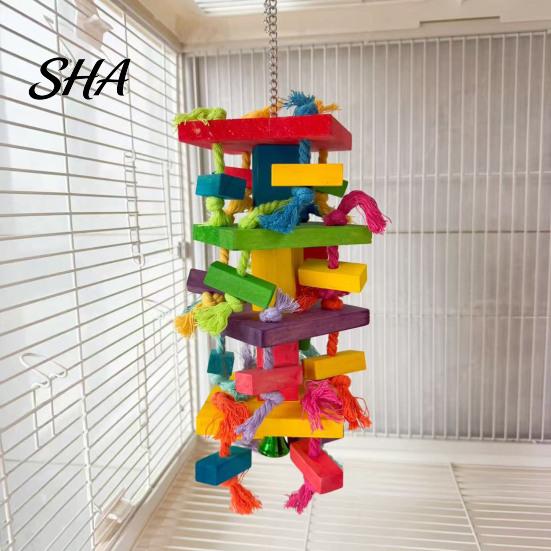 Parrot Chew Toy Chewing for Macaws African Greys, Colorful Wooden Block Puzzle with Food-grade Bird Cotton Tassels, Hanging Interactive Activity Cage,