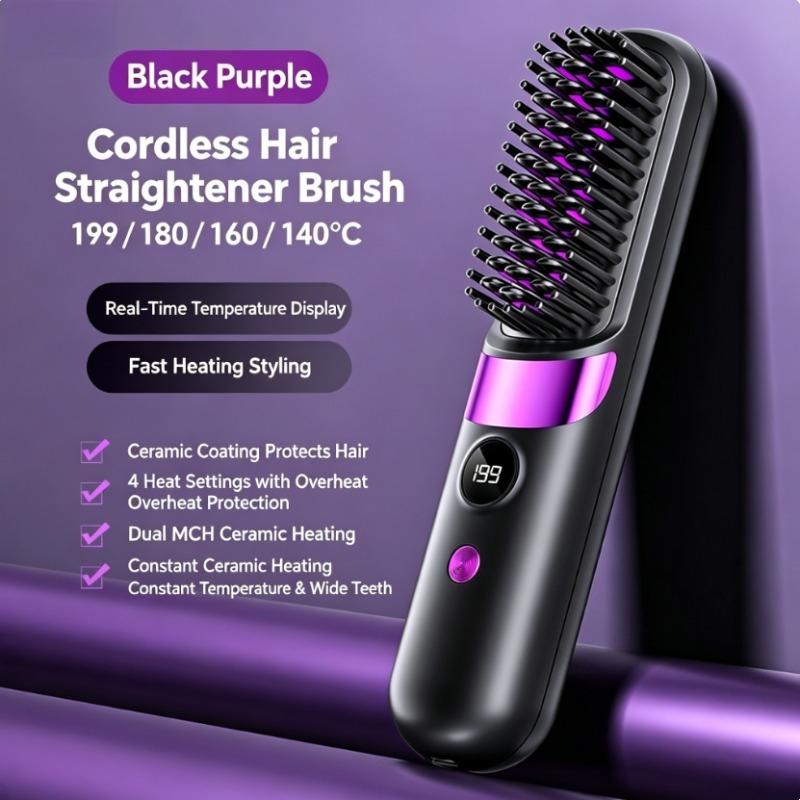 Wireless Hair Straightening Brush, 30s Fast Heat Ionic Ceramic Straightener Comb, Portable Cordless Quick Styling Tool for Travel & Daily Touch-Ups