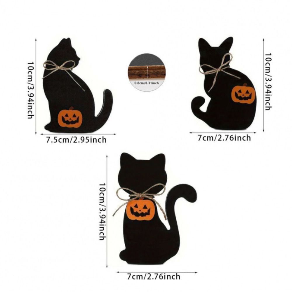 3pcs Vivid Halloween Black Cat Ornament Wooden Animal Statue Funny Cat Sculpture  Cabinet
