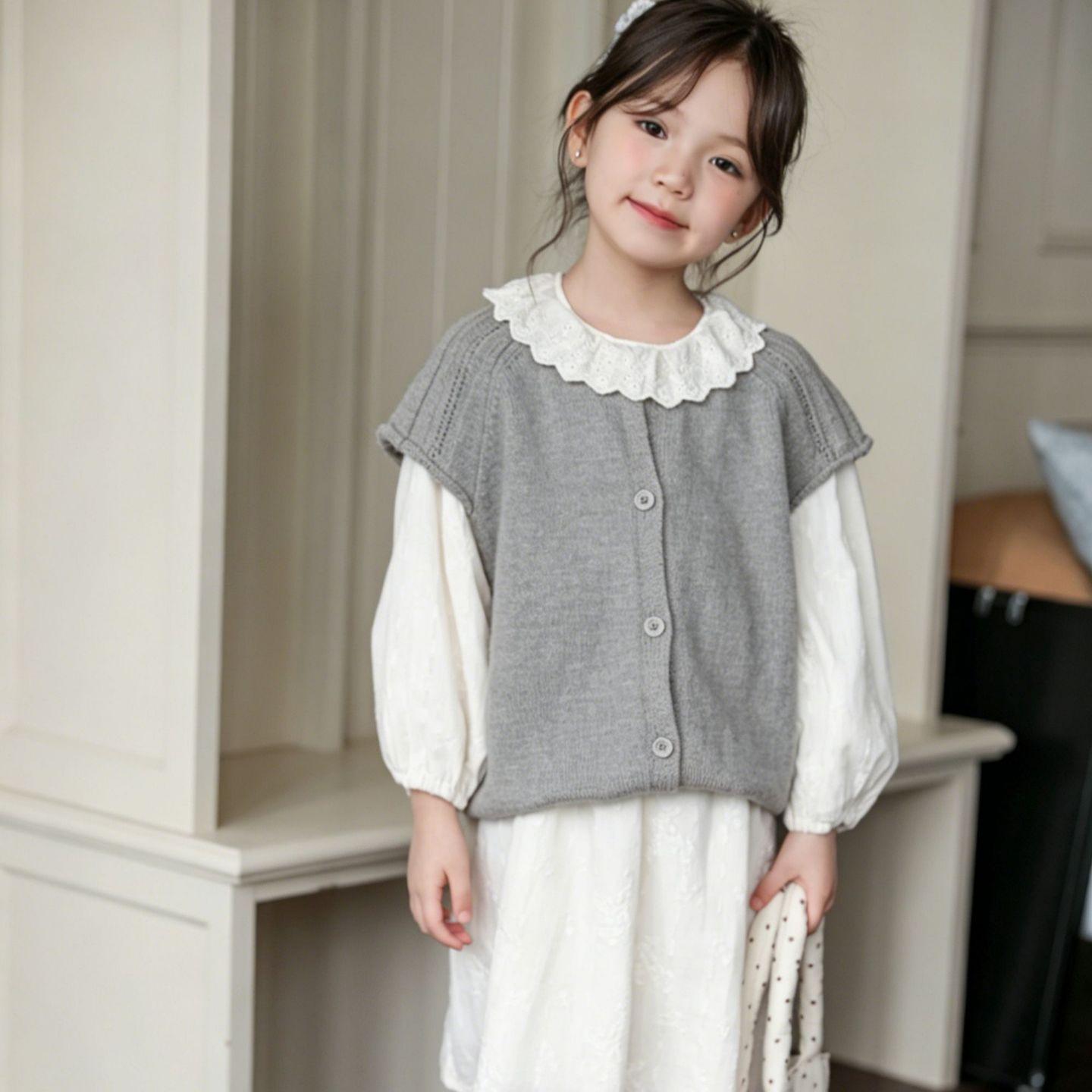 Girls Grey Sleeveless Knit Vest - Korean Style Spring/Autumn Baby Cardigan Sweater 130 cm серый