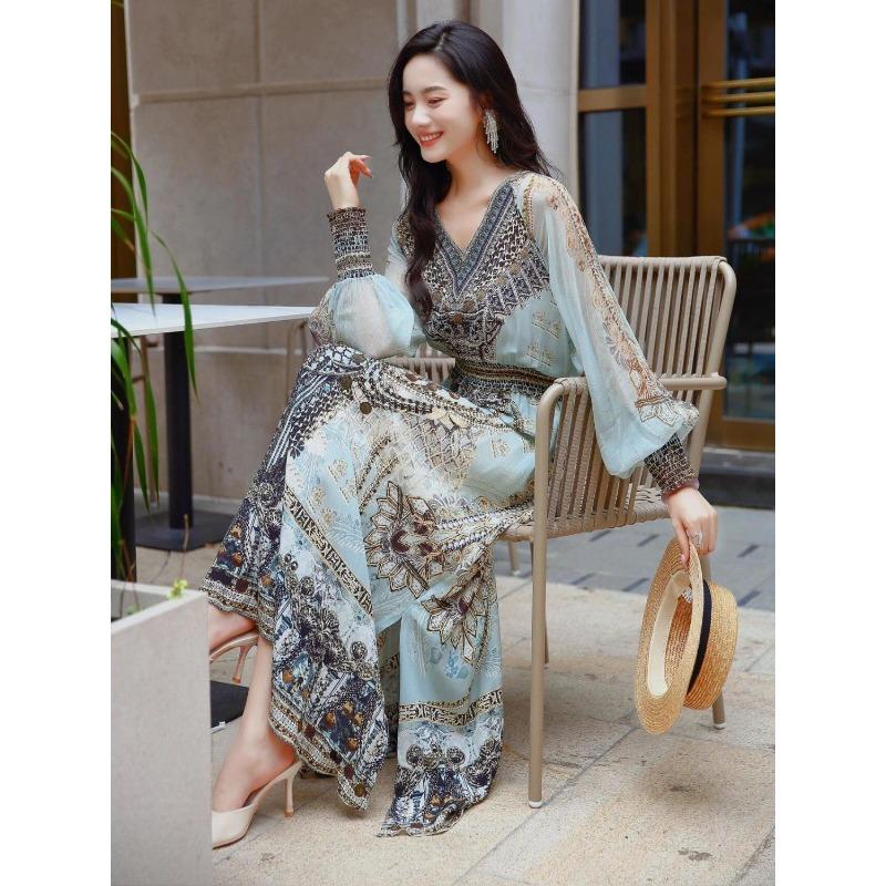 Romantic and Graceful Spring Traditional Chinese Ethnic Slim Maxi Dress with Floral Print V Neck