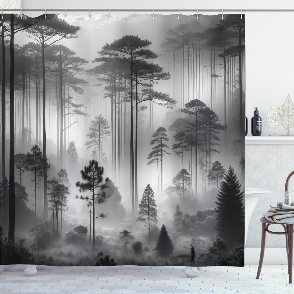 black and white shower curtain misty tall trees woodland natural landscape fabric bathroom decoration shower curtain with hook