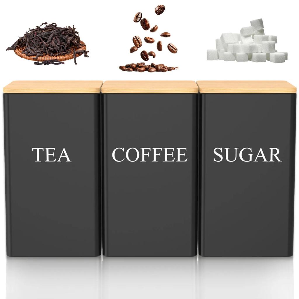 Sugar Coffee Tea Storage Jar With Bamboo Lid Kitchen Storage Container Set Simple Metal Style Coffee Tea Sugar Container