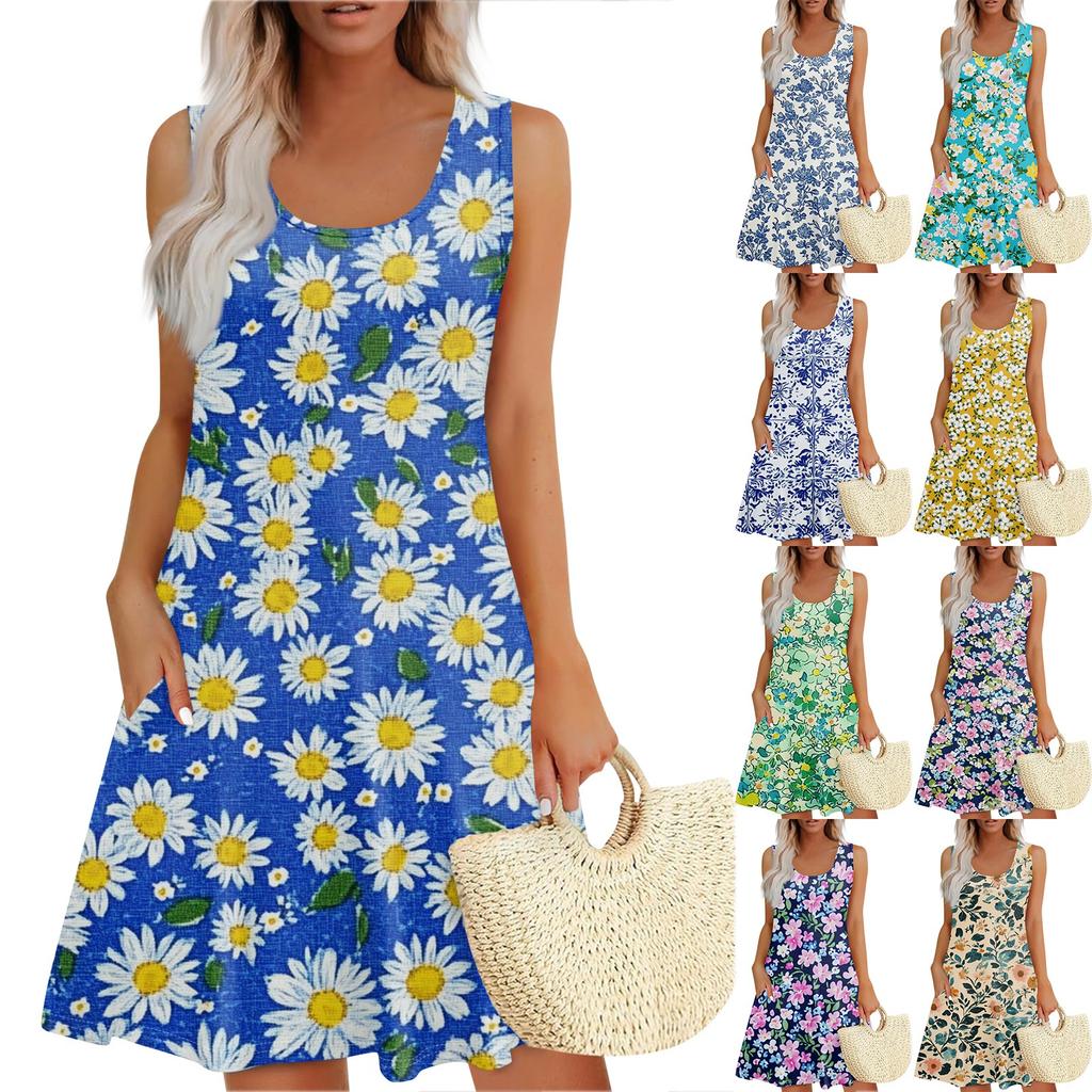 Women's Summer Floral High Waist Bohemian Dress Casual Hawaiian Flowing V Neck Holiday Dress