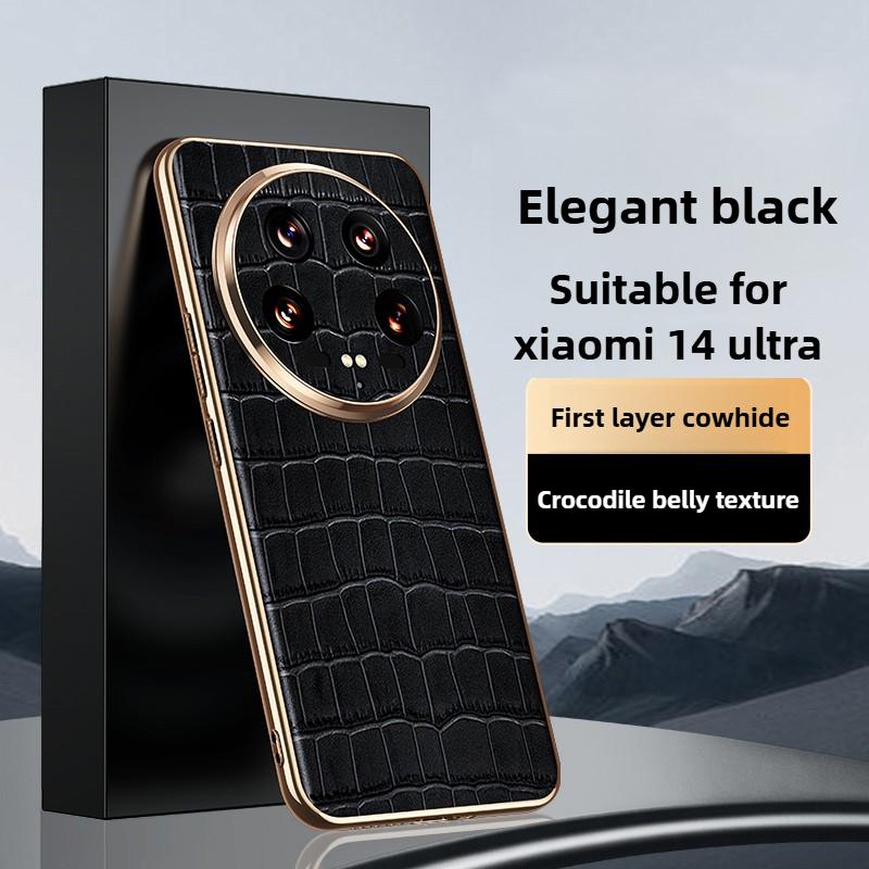 Genuine Leather for Xiaomi 15 Case Electroplated Gold Edge Alligator Pattern Lens Precision Hole Leather Case for Xiaomi14 Ultra