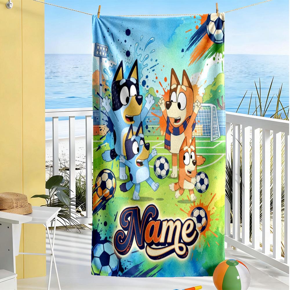 Soccer Fun Bluey Personalized Name Beach Towel Super Soft & Absorbent Ideal for Travel Outdoor Swim Pool Yoga Surf Camping Hiking Gym Gift Holiday