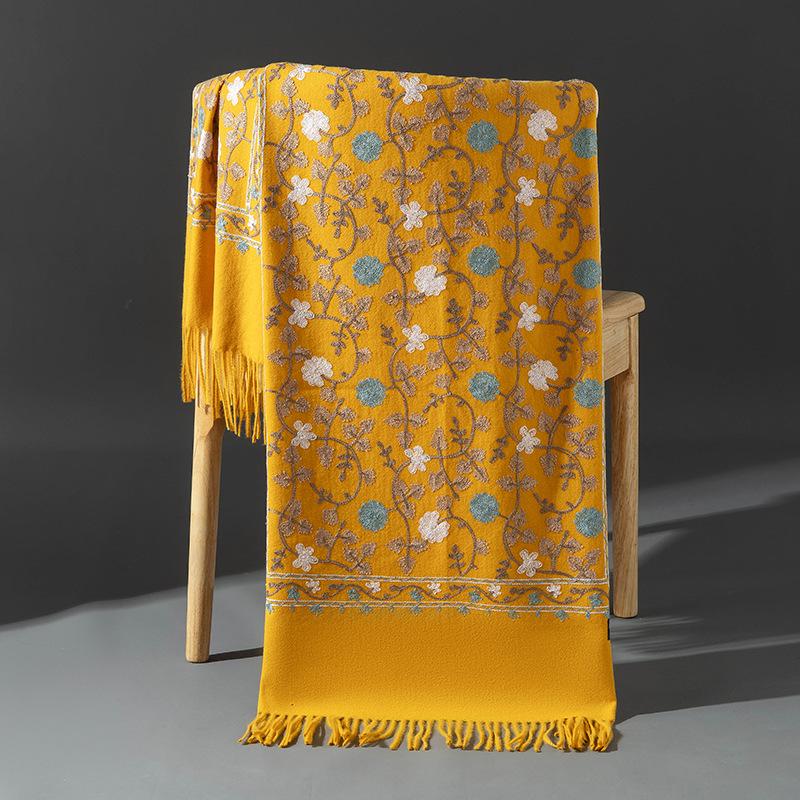 Xinjiang Embroidered Imitation Cashmere Scarf: Women’s Ethnic Style, Warm and Versatile with Tassels