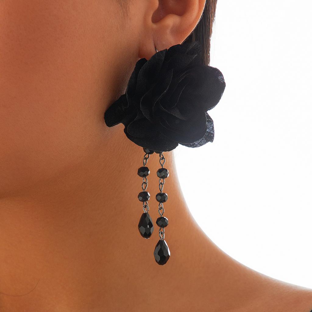 SHIXIN Gotische Vintage Große Schwarze Blume Hängeohrringe für Damen Punk Wassertropfen Quasten Ohrringe Halloween Ohrdekoration