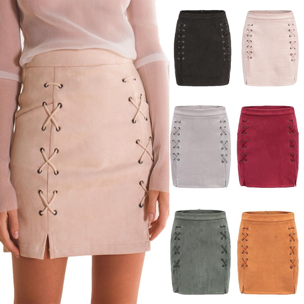 Women Zipper High Waist Bandage Chamois Solid Color Package Hip Mini Skirt