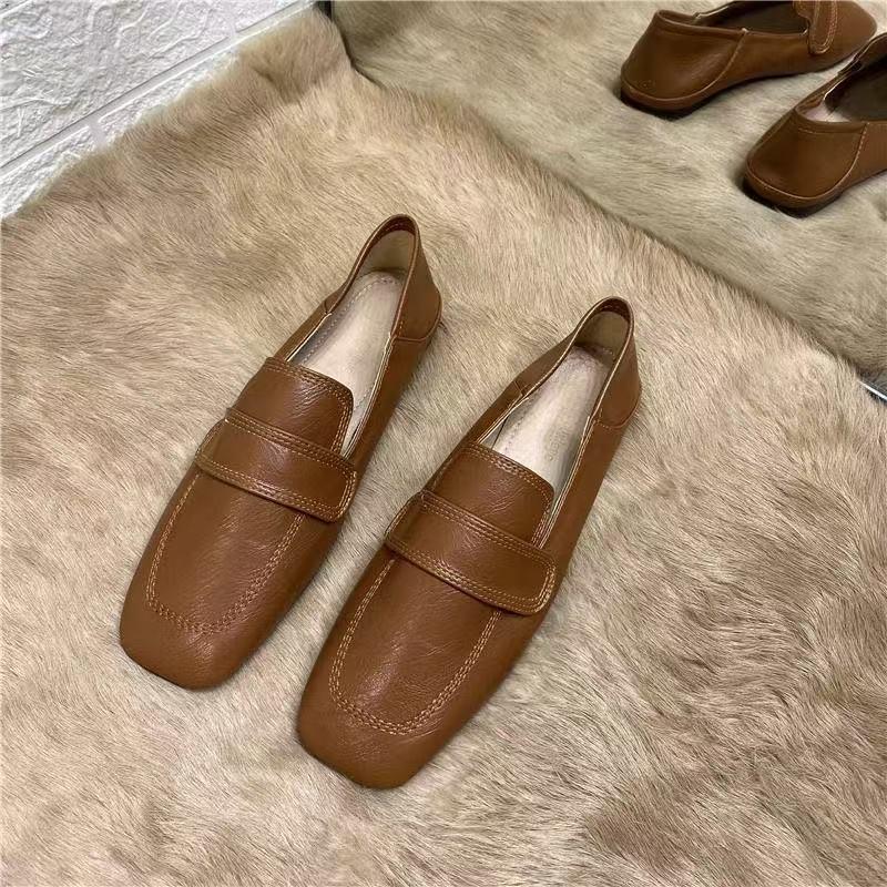 Women's Square Toe D'Orsay Flats - French Retro Soft Leather Slip-On Loafers