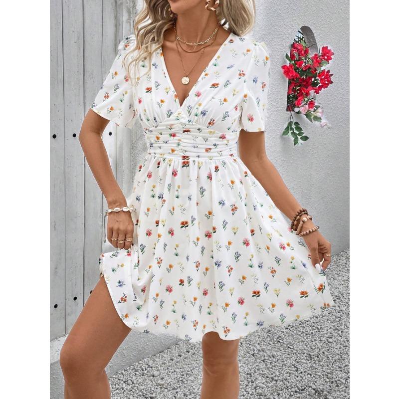 Summer new women's floral floral waist V-neck fashion short dress for women