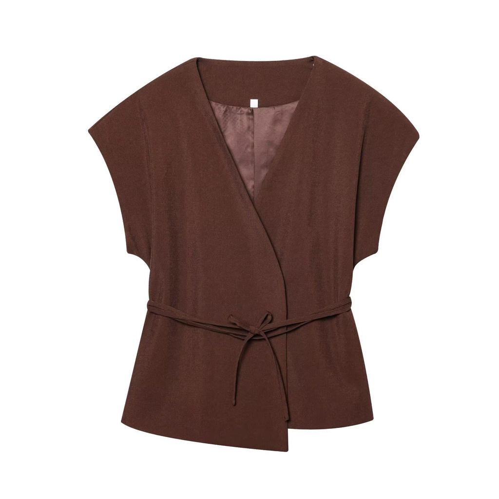 2025 Summer Women's European & American Style V-Neck Lace-Up Top + Pleated Pants Set