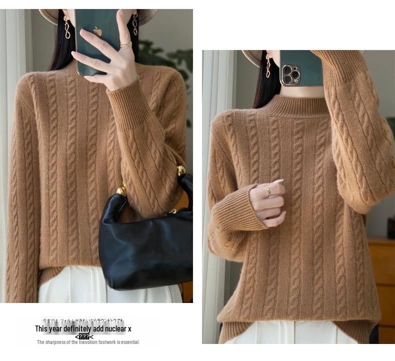 Women's Retro Cable Knit Wool Sweater - Ancola Red Long Sleeve, Half-High Neck, Autumn Winter Style