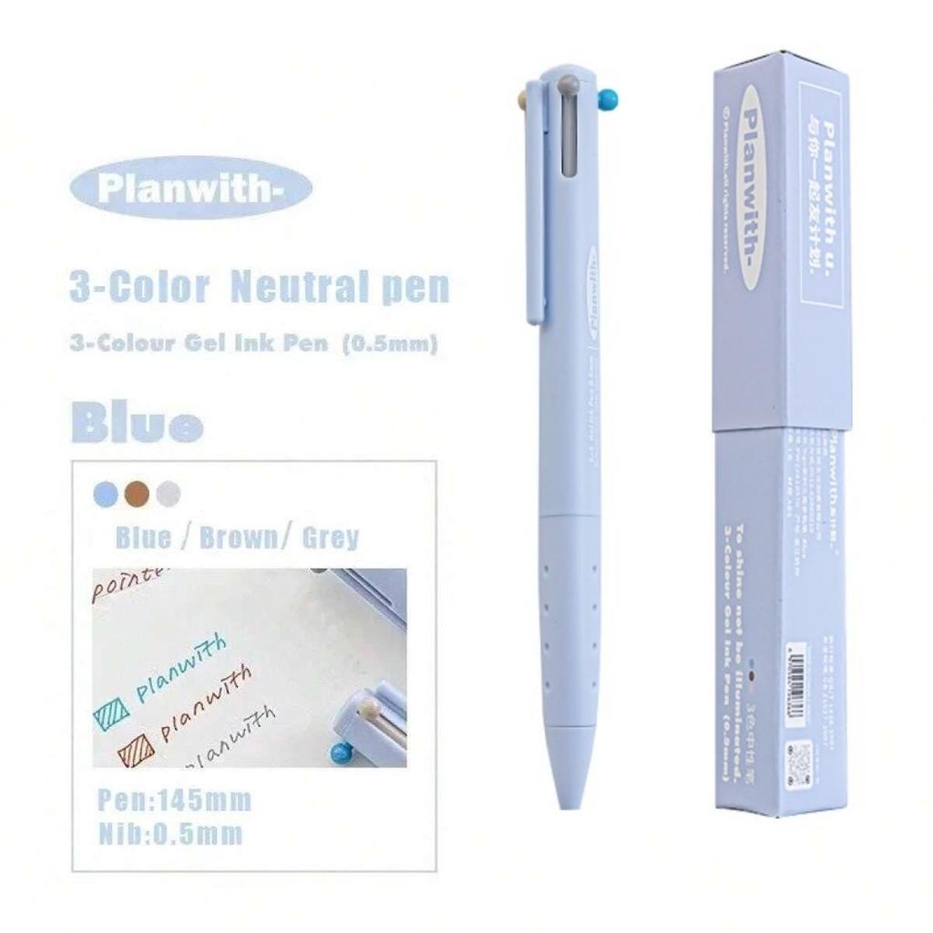 1pcs Triangular Multi-color Pen, Planwith Sign Series 3 Colors 0.5mm Point Gel Pen Multifunctional Liner Marker School