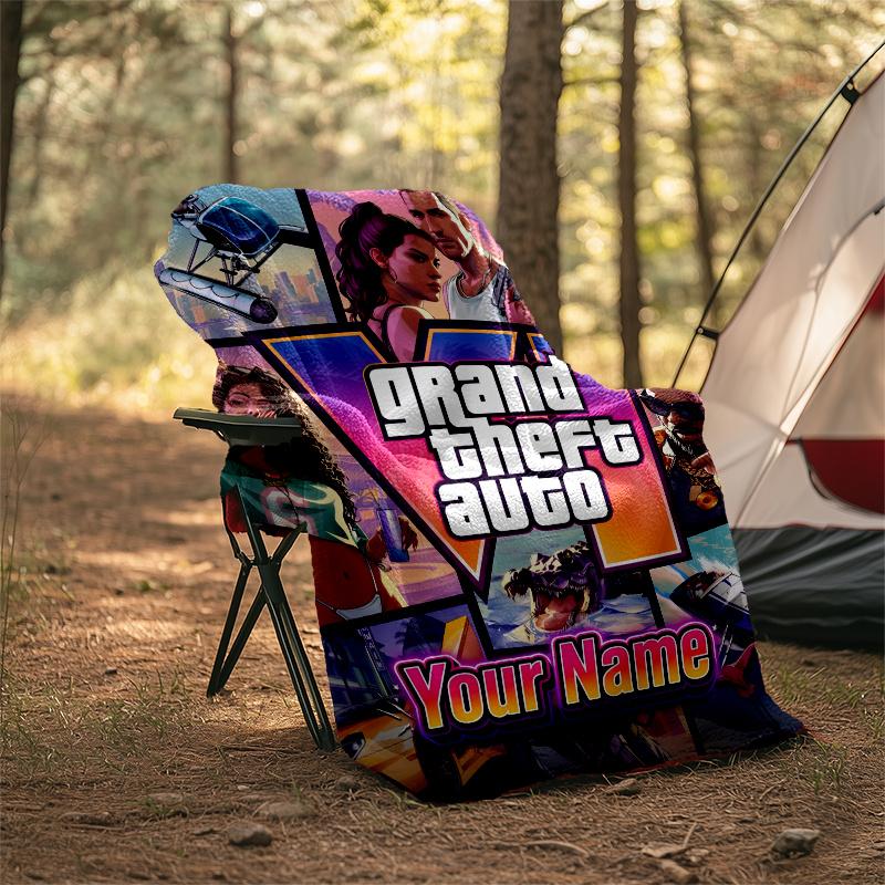 1pc Personalized Name GTA Theme Blanket - Digital Print, Polyester, Cozy for All Seasons, Perfect for Outdoor, and Travel