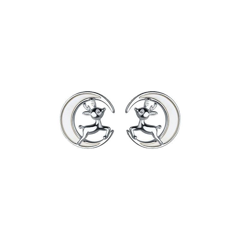 Christmas Reindeer Moon Stud Earrings: Women's Korean Simple Fashion, White Shell Design - Perfect Holiday Gift