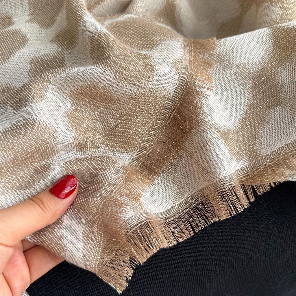 Female European and American Leopard Print Thickened Warm Imitation Cashmere Fringed Cape Double-sided Gold Thread Shawl Autumn and Winter