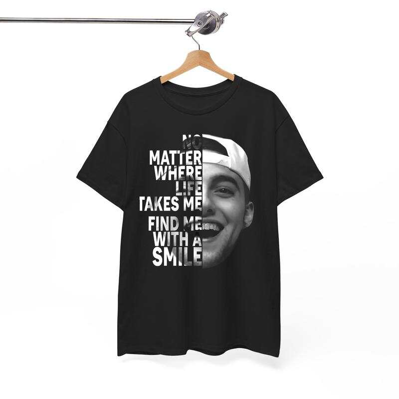 Mac Miller men s and women s T-shirts,  Wherever life takes me, you ll see me with a smile ; men s and women s T-shirts,  The best day ever . S