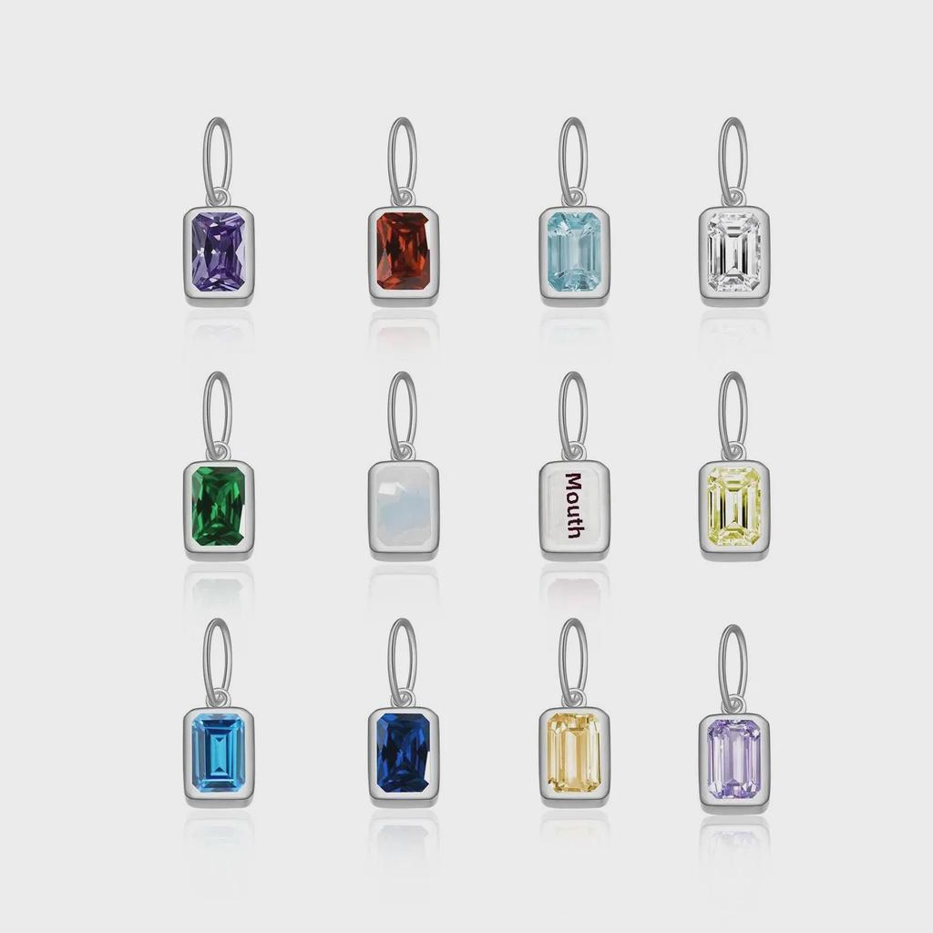12 Birthstone Colored Zircon Square Pendant Necklace, S925 Sterling Silver, European & American Style