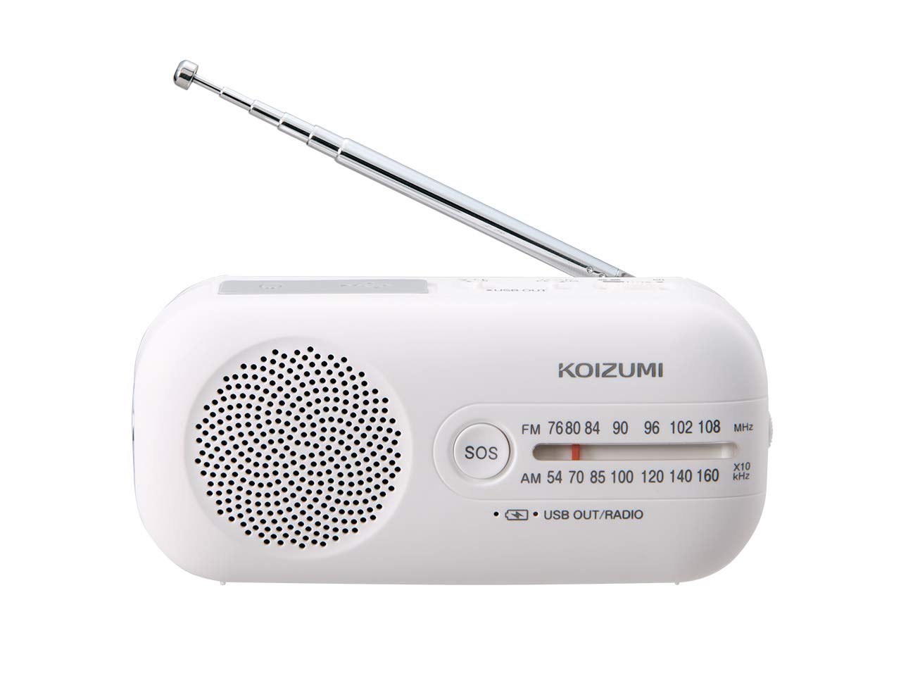 

Koizumi Dynamo Radio Wide FM Compatible Dry Battery USB Charging Hand Crank Charging LED Light Strap Included White AM/FM SAD-8702/W білий