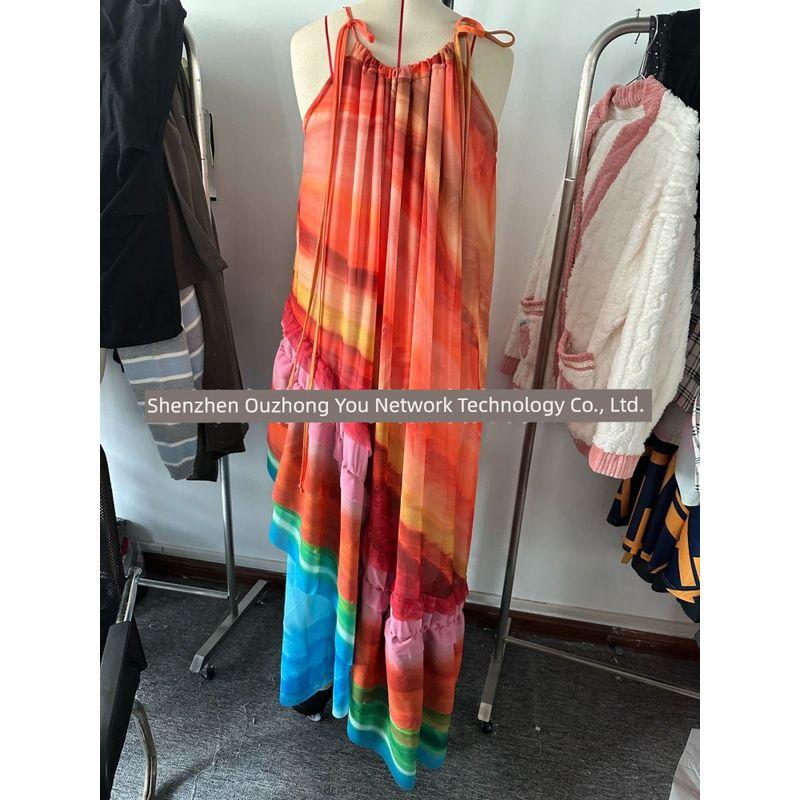 2025 Cross-Border Halterneck Fashion Printed Sexy off-the-Shoulder Puffy Cake Ruffles Large Swing Dress Female Dress