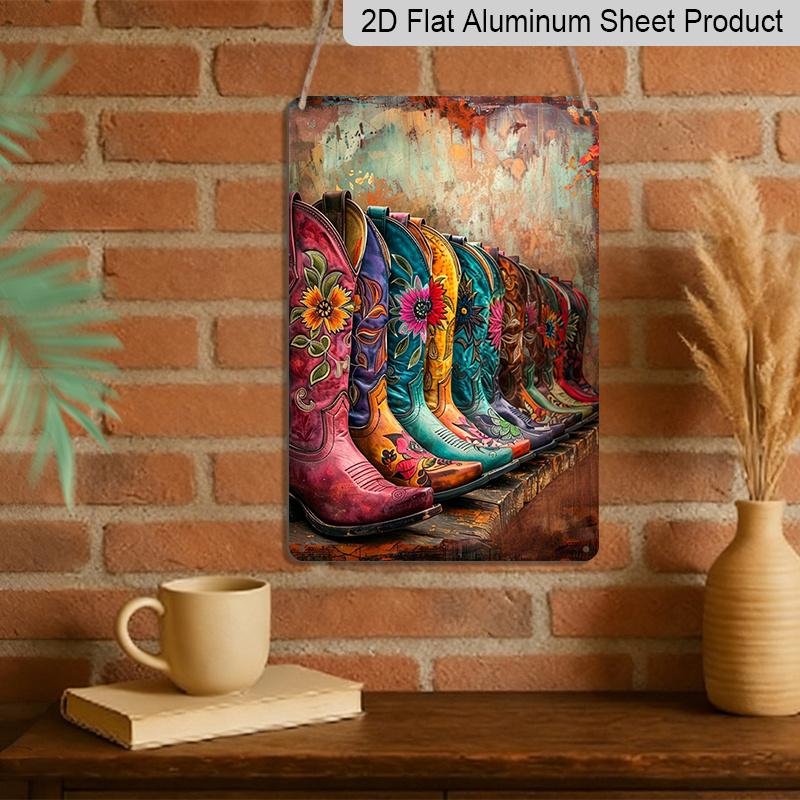 2D Flat, Colorful Cowboy Boots Aluminum Sign - Retro Western Wall Decor Western Home Decor, Cowboy Themed Room, Ranch Decor, Bar Decor, Man Cave