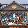 A large Christmas garage backdrop depicting a winter forest scene featuring Santa Claus reindeer and Christmas gifts.