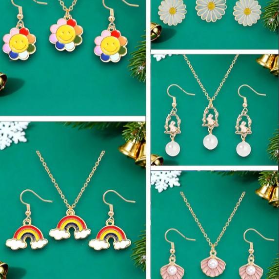 Flower Necklace and Earring Set , Sweet Christmas Jewelry , Alloy Chain 41 - 50 Cm , Trendy Cute Holiday Gift