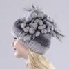 Brand Women Genuine Rex Rabbit Fur Hats Winter Rex Rabbit Fur Beanies Striped Top Flower Fox Fur Warm Real Fur Knit Caps