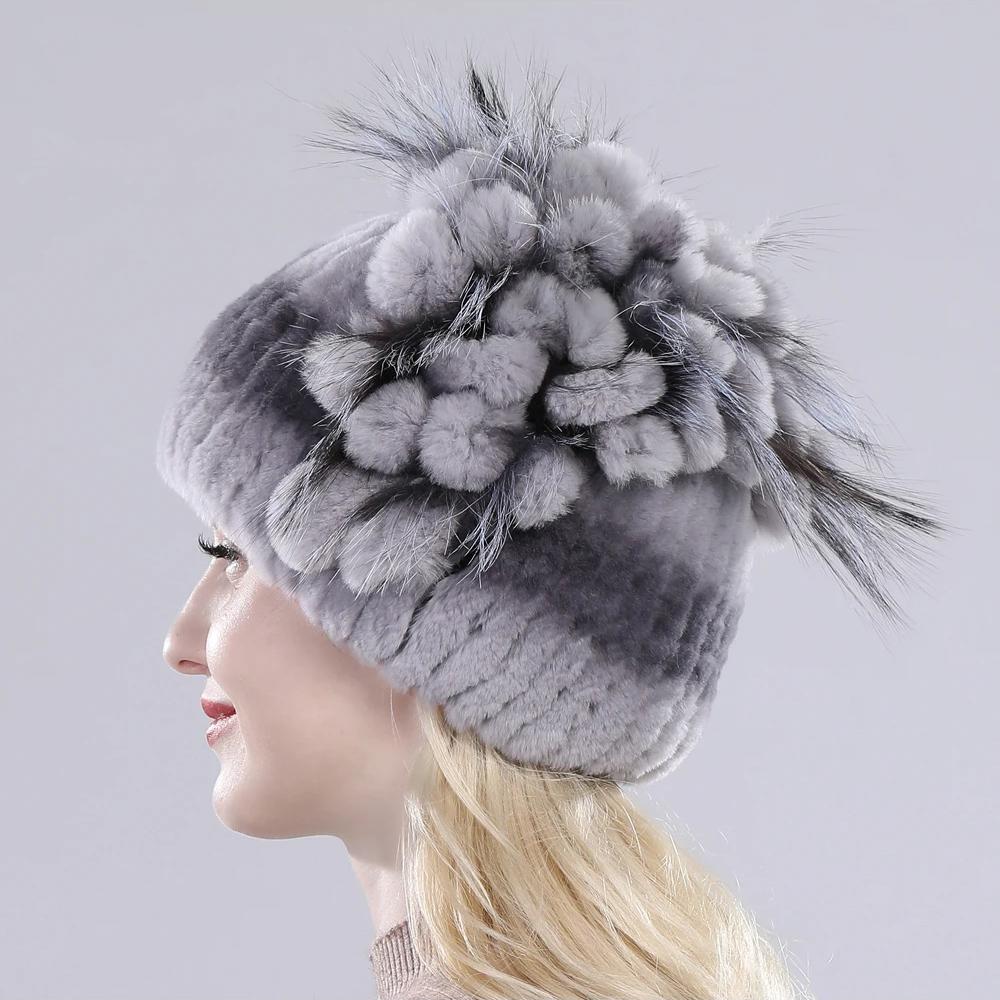 Brand Women Genuine Rex Rabbit Fur Hats Winter Rex Rabbit Fur Beanies Striped Top Flower Fox Fur Warm Real Fur Knit Caps