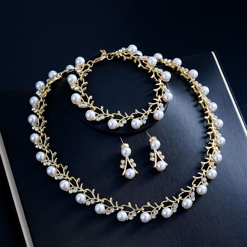 3 Pcs/Set Fashion Retro Women'S Jewelry Set Rhinestone Artificial Pearl Wedding Party Bride Wedding Necklace Bracelet Earrings