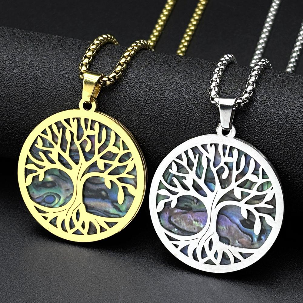 Tree of Life Imitation Abalone Shell Stainless Steel Pendant Necklace for Women Men Gold Silver Color Chain Necklaces Jewelry