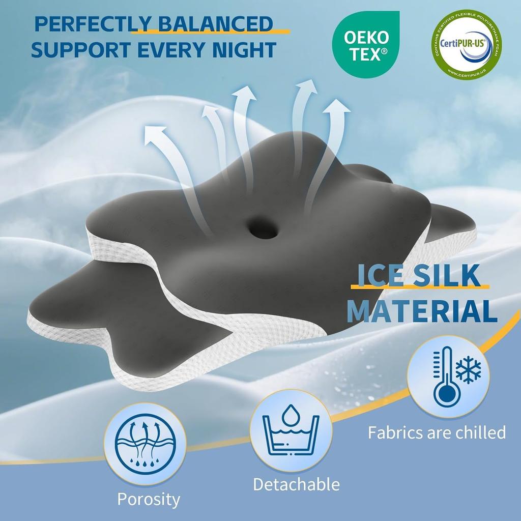 Memory Foam Pillow Cervical Neck Pillow Neck Ergonomic Contour Side Sleeper for Side Back Stomach Sleepers with Pillowcase Grey