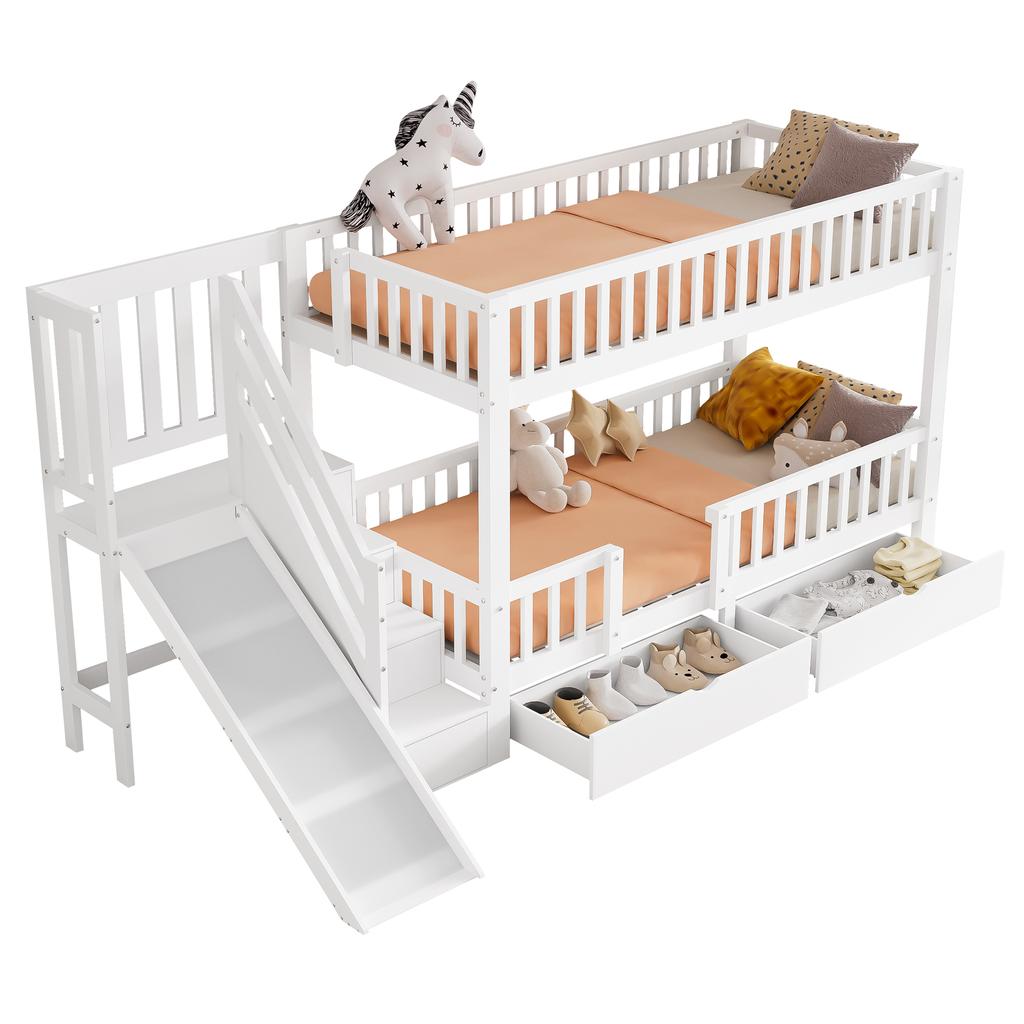 Children's bunk bed, with slide and stairs, with 2 drawers, with magnetic door, without mattress, solid wood, white, 90*200(OLD SKU:322135678AAW-1)