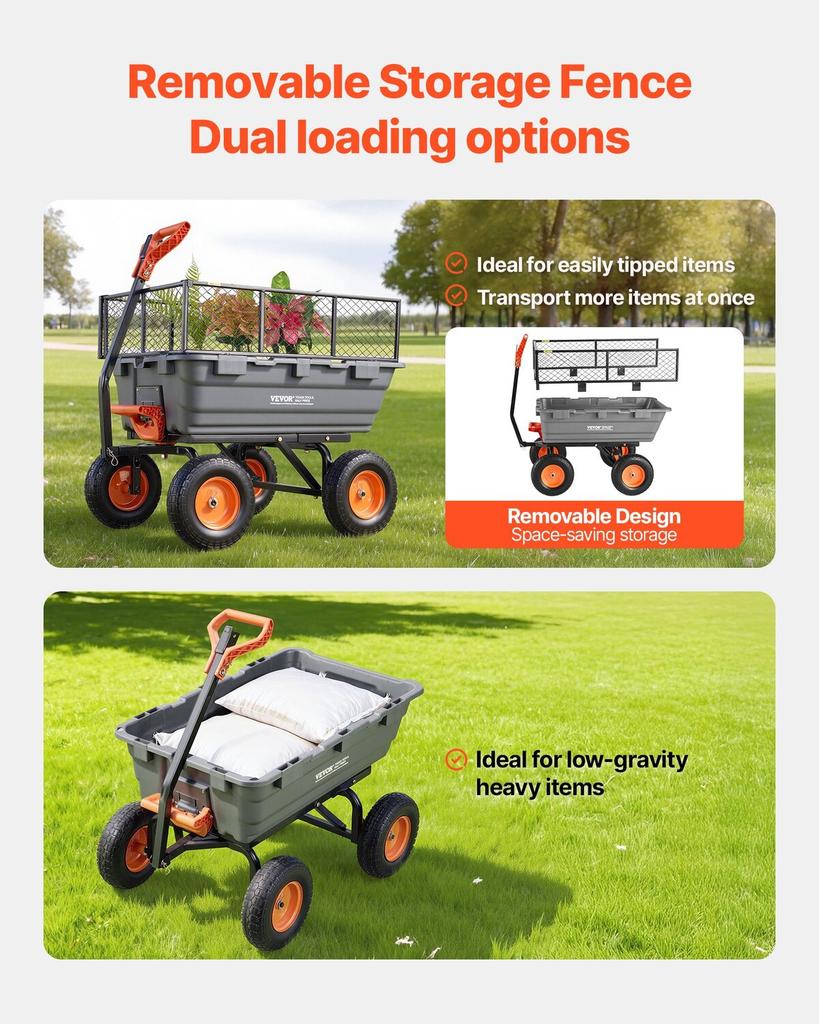 Garden Dump Cart, 544 kg Poly Dump Cart, Garden Carts Dumps Wagon with Storage Fence, 2-in-1 Convertible Handle, 90° Quick-Dumps Mechanism, 180°