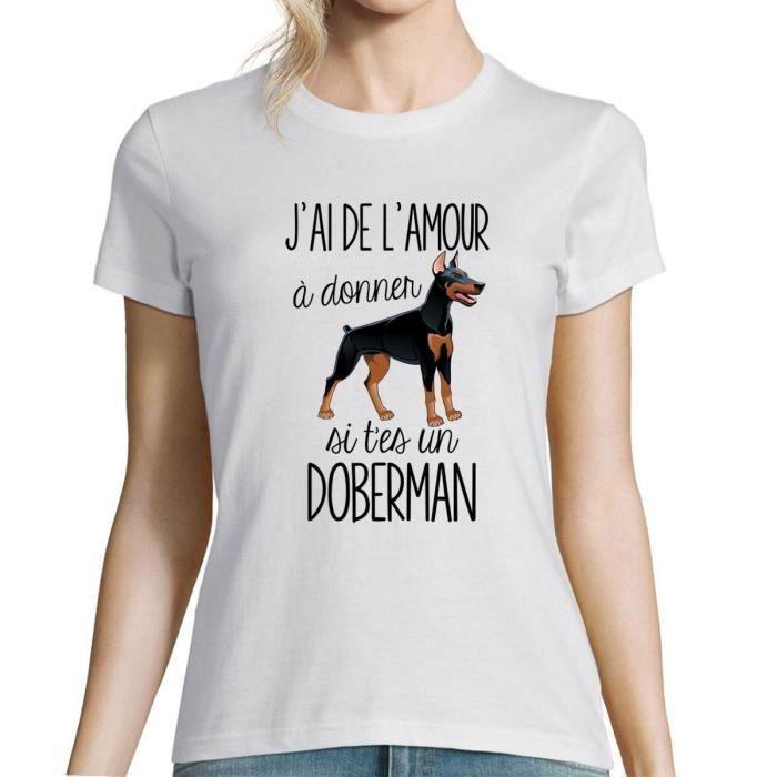 T-shirt Femme - Doberman - De l'Amour à Donner - Col rond - Manches courtes - Coton blanc