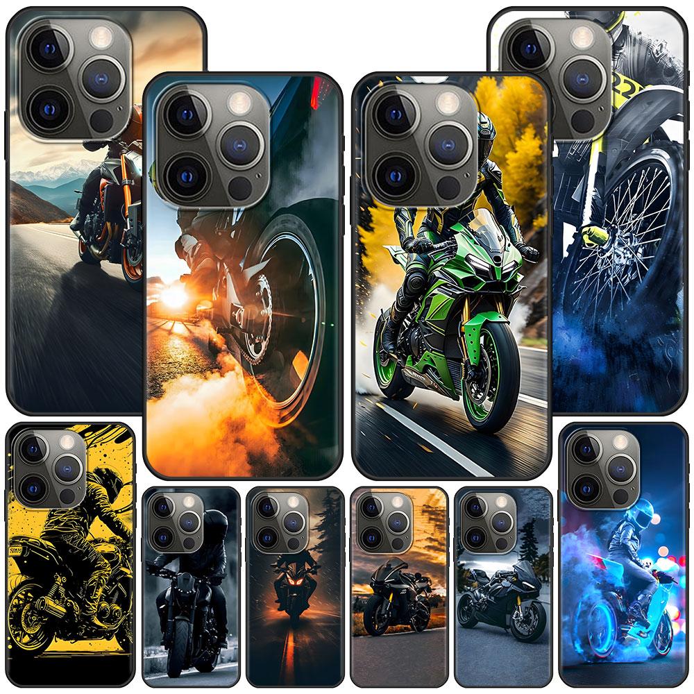 Motorcycle Case for Apple iPhone 14 11 7 SE 2020 8 X XS 13 12 Mini XR 15 Pro Max Silicone Black Soft Phone Cover