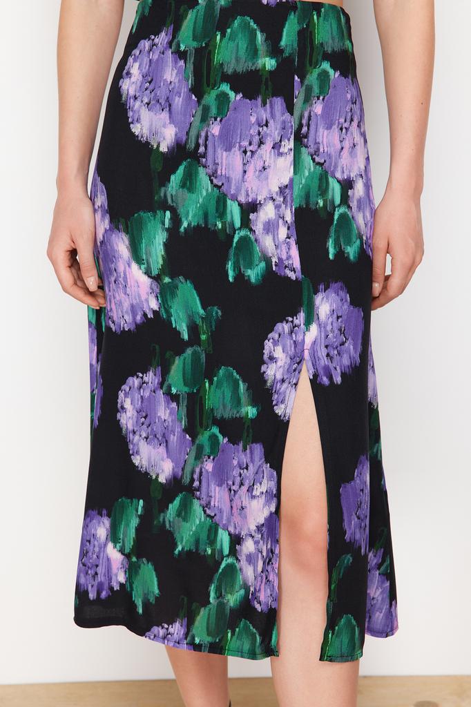 Women's Fashion New Skirt Lilac Slit Detailed Viscose Fabric Patterned Midi Woven Skirt