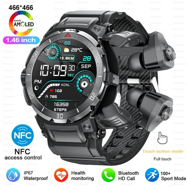 

New 1.46 Amoled Original Smartwatch TWS Headphones 2-in-1 Men s Outdoor Sports Watch Bluetooth Call NFC Smart Watch Local Music 360mAh Battery чорний