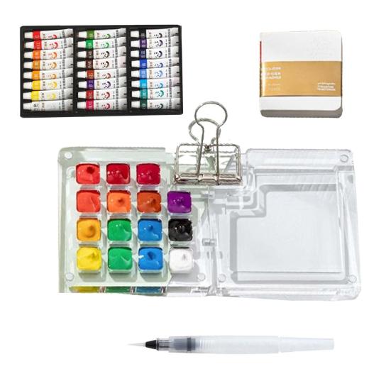 Mini Watercolor Kit Travel Watercolor Paint Set with Sketchbook Binder Clip Pen Portable Watercolor Palette with 12/24 Color Paints