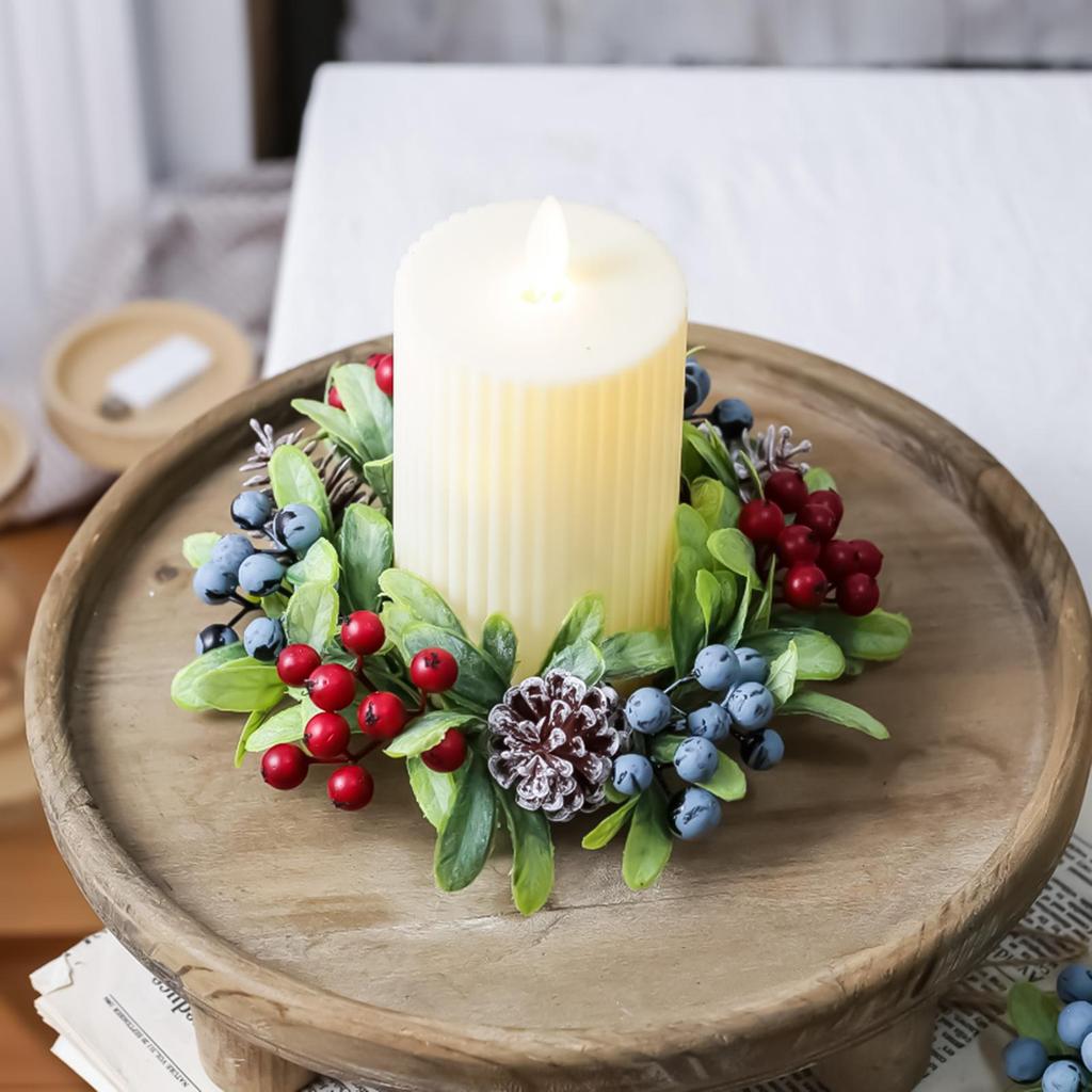 Christmas Candle Ring Artificial Pine Needle Pinecone Berries Garland Rustic Festive Candle Wreath for Home Table Decor