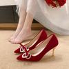 Fashion Beaded Rhinestone Women High Heels Shoes Red Suede Wedding Bridal Pumps Shoes Bow Temperament Thin Heeled Autumn Single Shoe