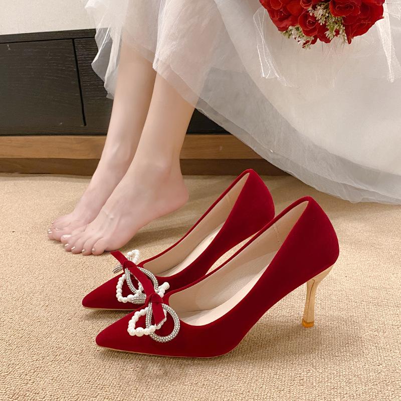 Fashion Beaded Rhinestone Women High Heels Shoes Red Suede Wedding Bridal Pumps Shoes Bow Temperament Thin Heeled Autumn Single Shoe