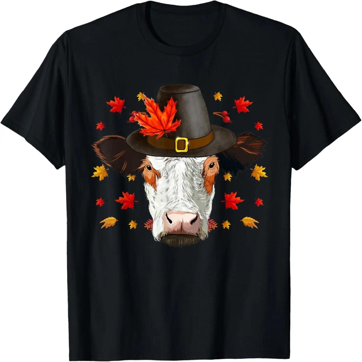 Cute Pilgrim Cow Face Maple Leaf Fall Vibes Thanksgiving Day T-Shirt S