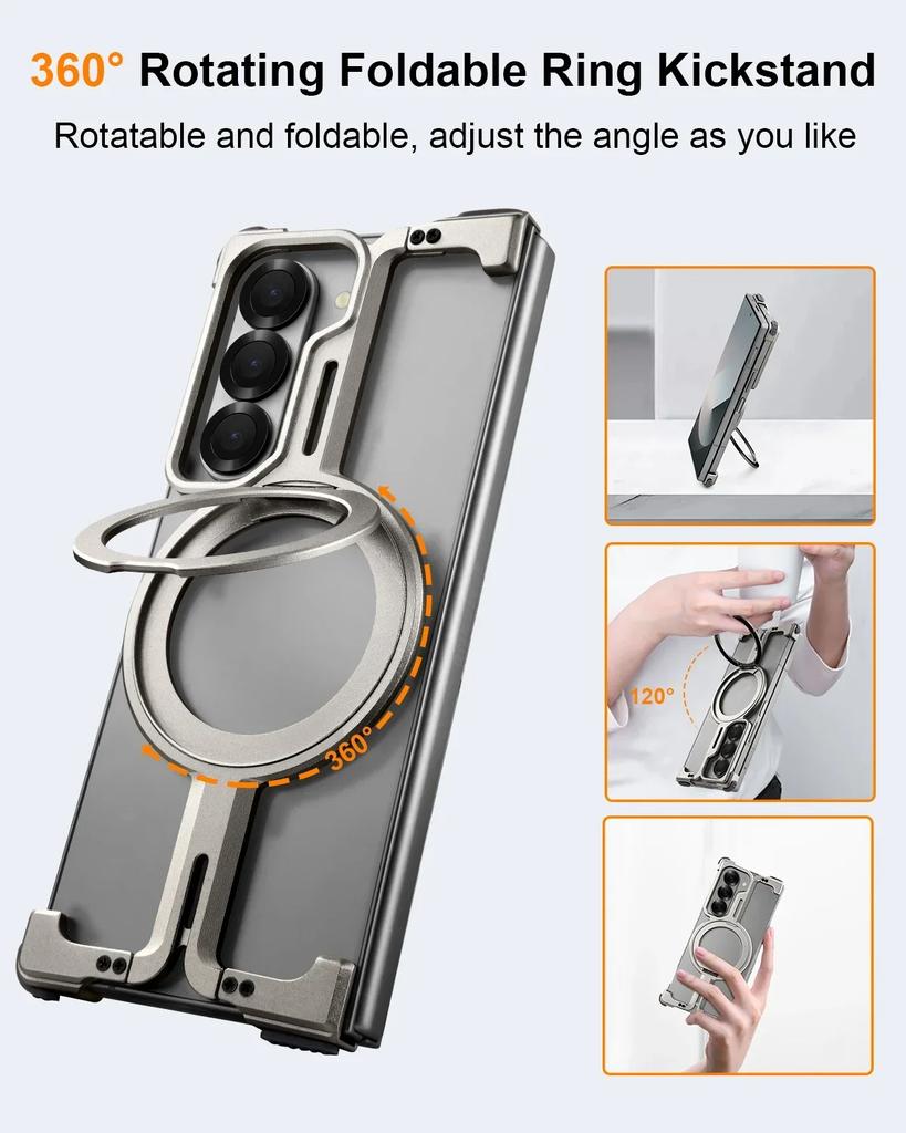Oatsbasf for Samsung Galaxy Z Fold 6/5 Phone Case with Ring Stand Metal Bezel-less Magsafe Minimalist Bumper Protective Covers